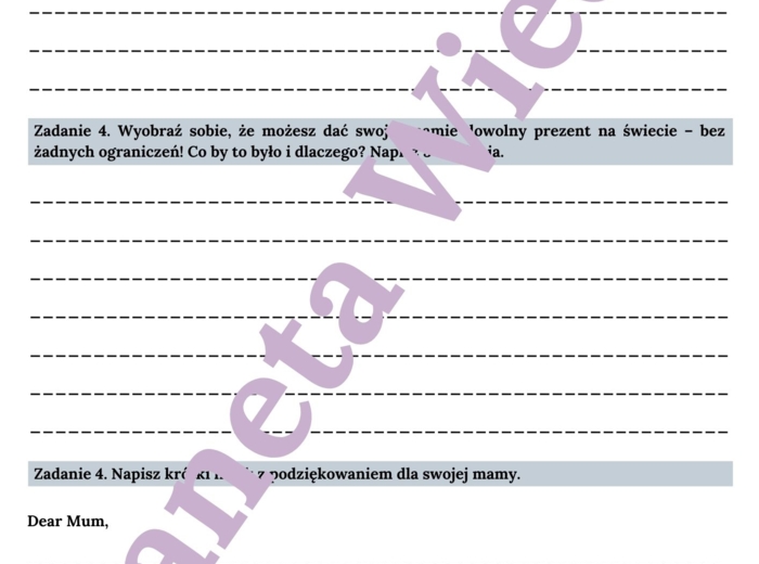 KARTA PRACY NA DZIEŃ MAMY - MOTHER'S DAY WORKSHEET, KLASY 4-8 SZKOŁY PODSTAWOWEJ- wykreślanka, ćwiczenia znajomości przymiotników i zdań opisujących, zadania pisemne