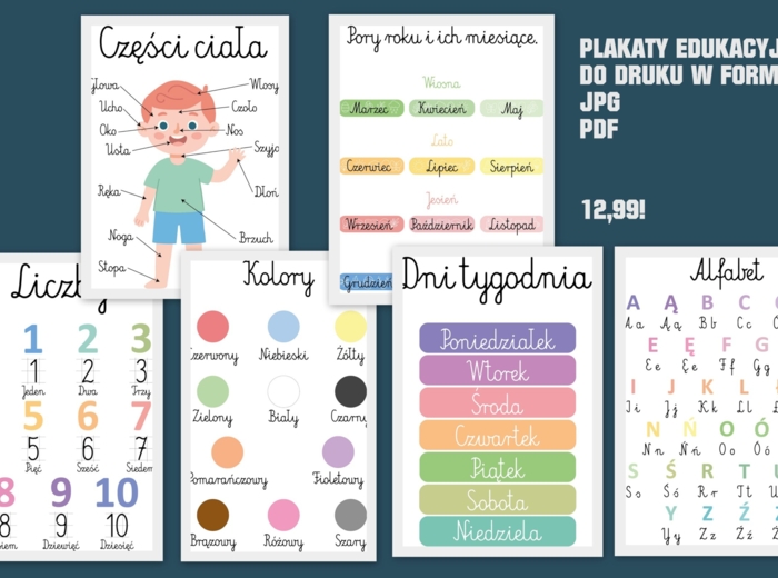 Plakaty Edukacyjne (Litery, cyfry, części ciała, pory roku i miesiące, dni tygodnia, kolory) pdf i jpg.