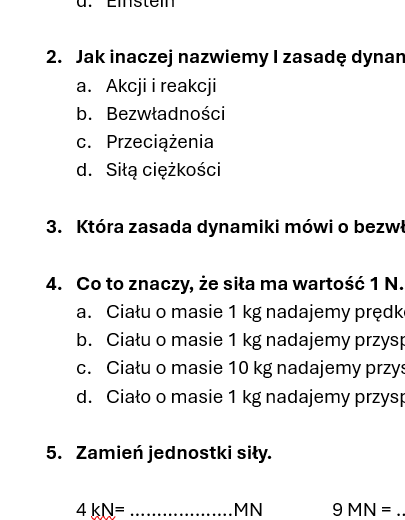 karta pracy/kartkówka/sprawdzian I, II, III zasada dynamiki.