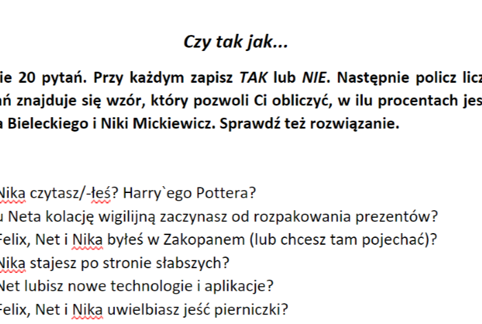 Gra typu psychotest z lektury "Felix, Net i Nika oraz Gang Niewidzialnych Ludzi"
