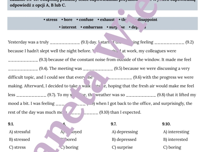 PRZYMIOTNIKI (EMOCJE)– Zbiór zadań do egzaminu ósmoklasisty z języka angielskiego. Poziom A2/A2+ – przymiotniki opisujące uczucia i emocje, ćwiczenia: końcówki -ing/-ed, przymiotniki zaprzeczające (unamused, unexciting), wypełnianie luk w tekście, tworze