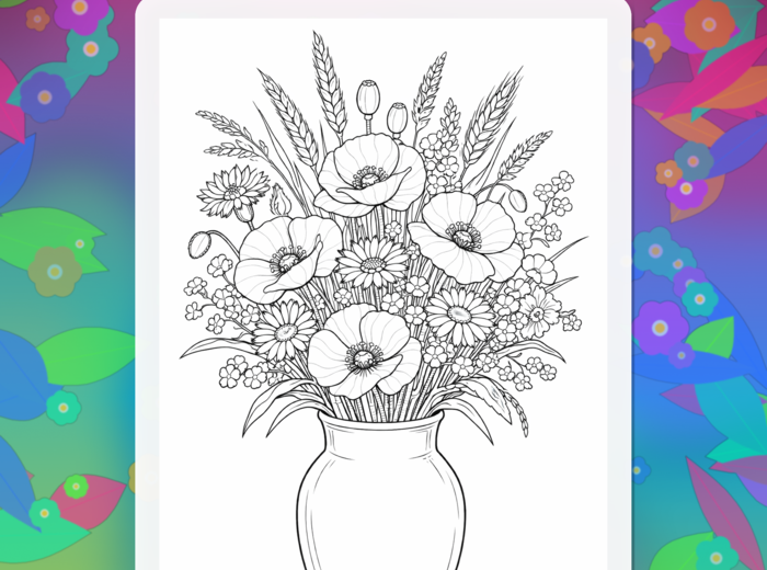 WAZON Z KWIATAMI - kolorowanka - plakat do druku XXL (8 kartek A4) + miniatura A4 - kwiaty