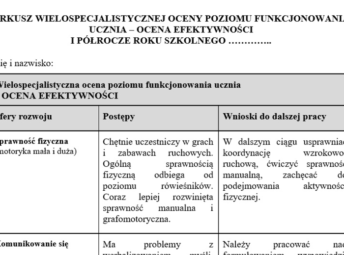 Arkusz oceny efektywnośći