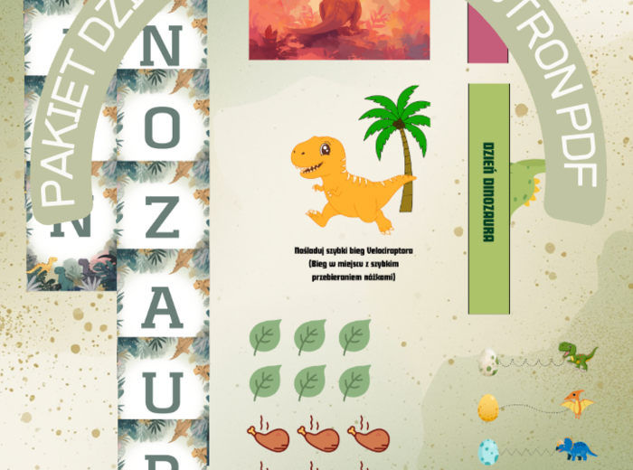 PAKIET DINOZAURA (27 STRON) – Żłobek i Przedszkole: Gry, Zabawy, Opaski, Dekoracje + Dyplom