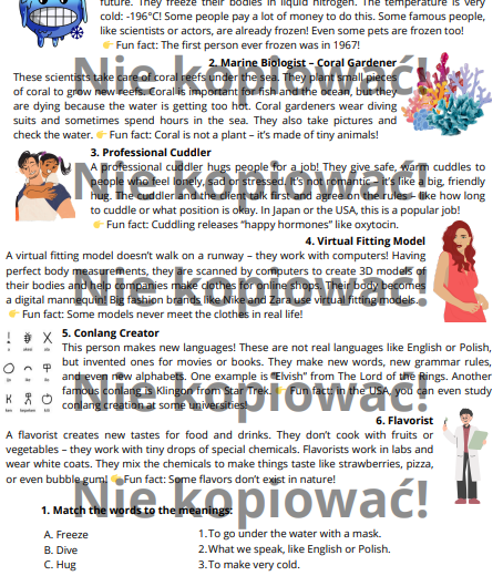 Karta Pracy/Czytanka "Unusual Jobs" poziom A2