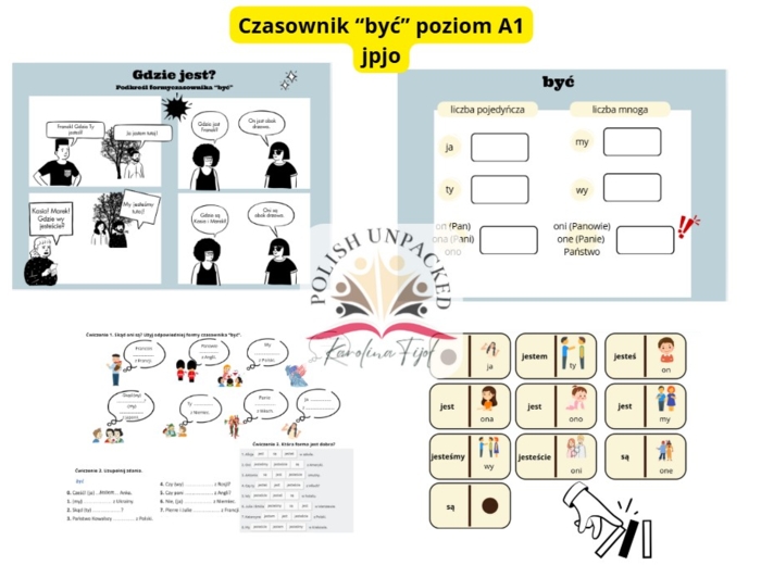 Lekcja czasownik "być", język polski jako obcy poziom A1, domino, gramatyka