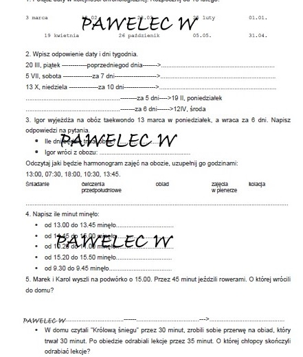 OBLICZENIA KALENDARZOWE I ZEGAROWE - ile czasu/dni upłynęło od... do... - karta pracy, kl. 2, 3, 4