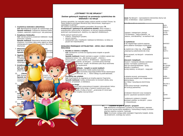 „CZYTANIE? TO SIĘ OPŁACA!” - Zestaw gotowych 75 inspiracji na promocję czytelnictwa w bibliotece i na lekcje - BIBLIOTEKA - język polski - czytanie - pomysły