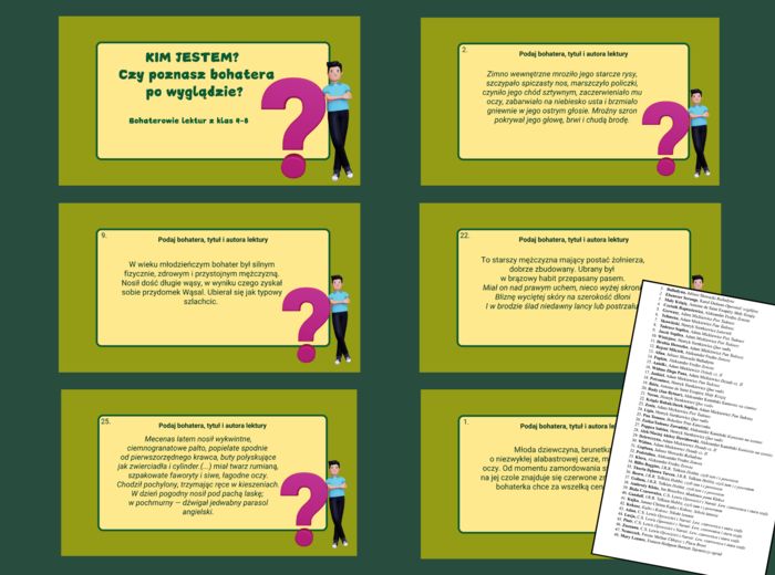 CZY POZNASZ BOHATERA PO WYGLĄDZIE? – bohaterowie lektur 4-8 – KIM JESTEM? – egzamin – powtórka – PREZENTACJA – 48 opisów + ODPOWIEDZI