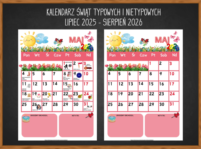 KALENDARZ ŚWIĄT TYPOWYCH I NIETYPOWYCH - na rok szkolny 2025/2026 wersja uzupełniona i czysta