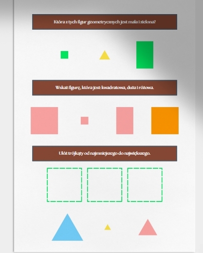 Porównywanie i opisywanie figur geometrycznych. Karta pracy. Sprawdzian.