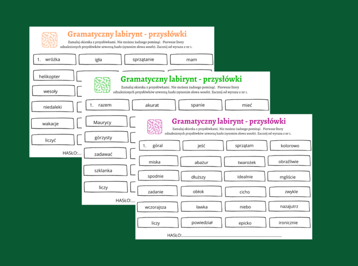 Gramatyczny labirynt - PRZYSŁÓWKI - przysłówek - części mowy - karta pracy - kl.4-5