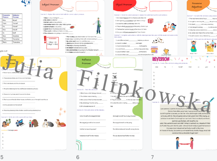 Pronouns/ Zaimki/ Subject Pronoun/ Object Pronoun/ Possessive Adjectives/ Possessive Pronoun/ Reflexive Pronoun/ Worksheet/ Zestaw zadań/ Teoria i Praktyka/ Teoria/ Theory/ Zadania/ Pakiet/ Karta pracy/ Gramatyka/ Grammar/ English Grammar/ Matura/ SP/ SP