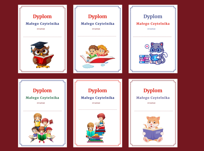 DYPLOM MAŁEGO CZYTELNIKA - pasowanie - BIBLIOTEKA - dyplomy – 12 wersji