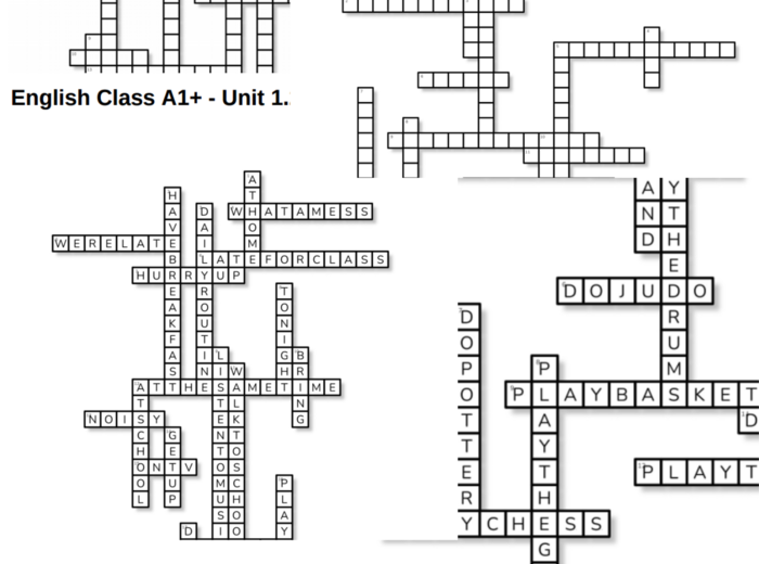English Class A1+ – Unit 1 – krzyżówki – Przedmioty szkolne_Przybory szkolne/Out of class/Wyrażenia z czasownikami 'do' i 'play'/Miejsca w szkole