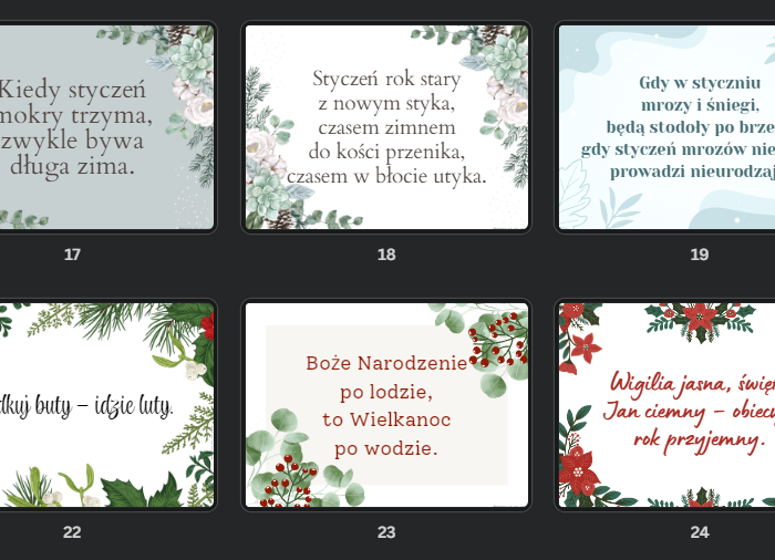 Zimowe i bożonarodzeniowe plakaty z przysłowiami