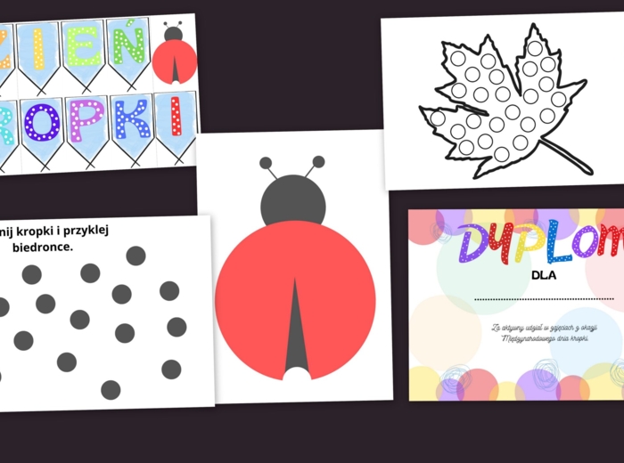 Dzień kropki napis, dwie kart pracy, dyplom
