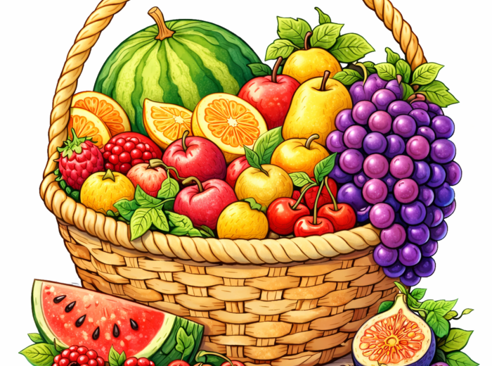 Kosze z owocami – kolorowanki (6 kart pracy); Dzień Owoców; owoce; zdrowe odżywianie