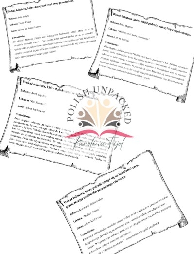 42 karty "Wskaż bohatera, który..." + odpowiedzi, egzamin ósmoklasisty, lektury obowiązkowe