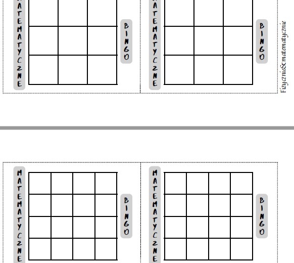 Puste szablony do gry w matematyczne Bingo (3x3 oraz 4x4).