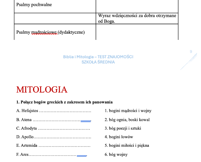 Mitologia i Biblia - sprawdzian