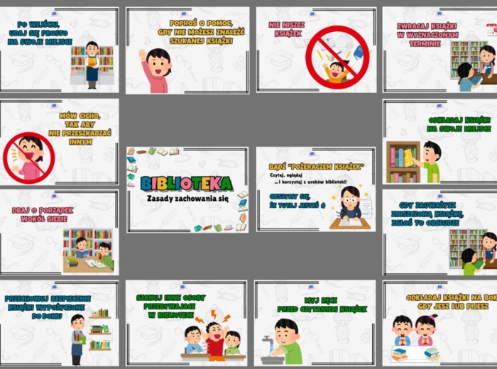 Biblioteka - zasady zachowania, regulamin w formie gazetki