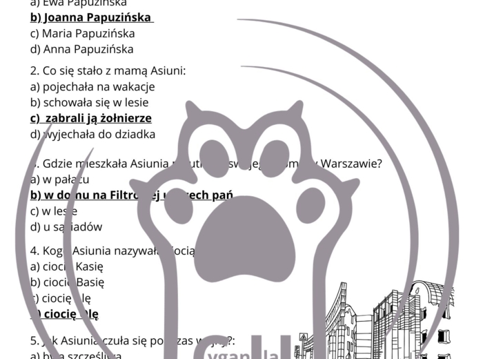 Karty Pracy z odpowiedziami do lektury „Asiunia” Joanny Papuzińskiej