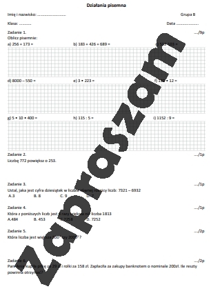 Sprawdzian / powtórzenie wiadomości działania pisemne
