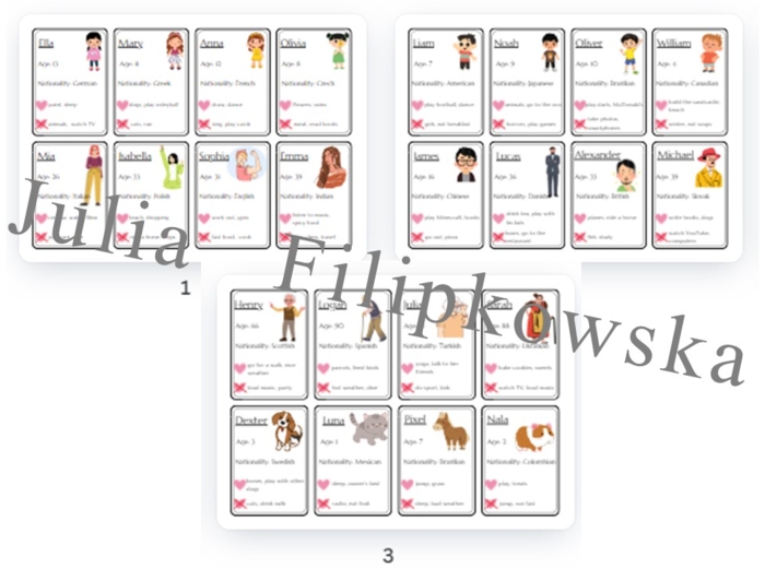 Gramatyka/ Like/ Gerund/ Basic information/ Gra/ Gra uniwersalna/ Gra językowa/ Karty obrazkowe/ Zabawa/ Dzieci/ Warm-up/ Rozgrzewka/ Słownictwo