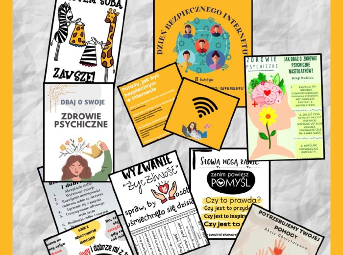 Plakaty - Dzień Życzliwości, Dzień Bezpiecznego Internetu, Zdrowie Psychiczne, Wolontariat
