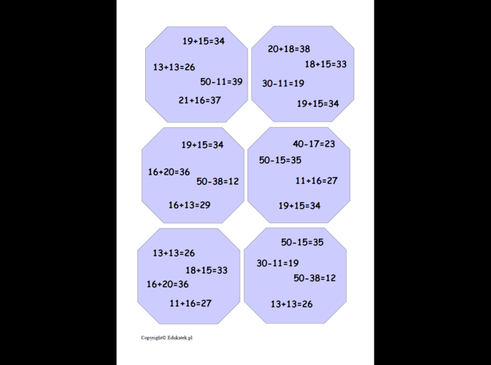 Zestaw kart typu dobble – utrwalanie dodawania i odejmowania