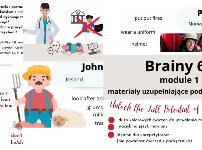 Brainy 6, module 1, materiały dodatkowe do podręcznika, nowa edycja, to be, zawody, ponad 130 slajdów
