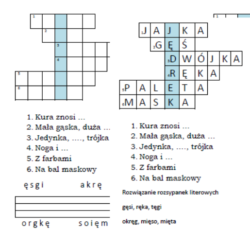 Logogryf i rozsypanka literowa z literą ę