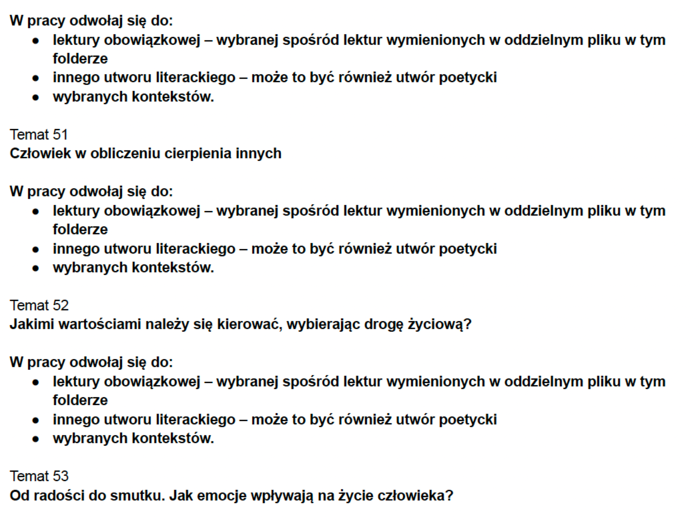 Zadania maturalne z j.polskiego - Tematy wypracowań