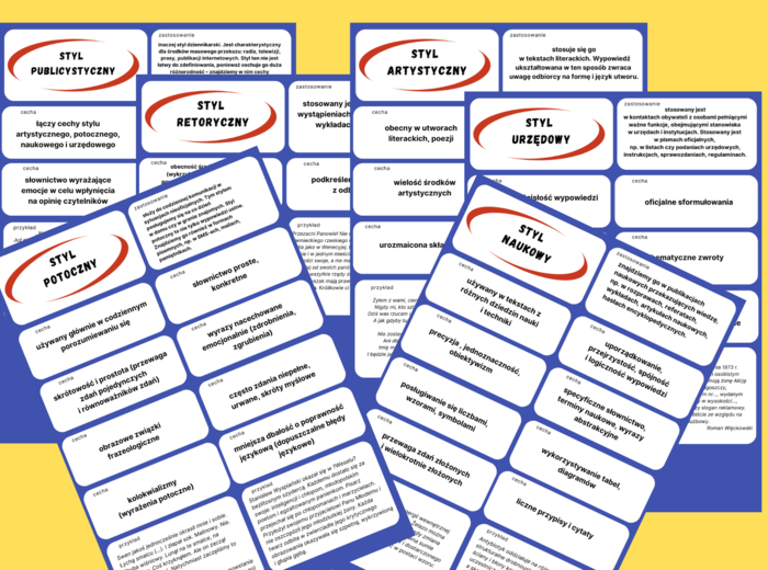STYLE WYPOWIEDZI - fiszki - kl. 7-8 - egzamin - powtórzenie