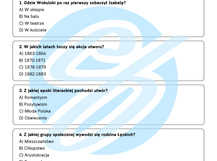 Test z lektury „Lalka” | Bolesław Prus | Liceum | ABCD + Klucz + Skala ocen