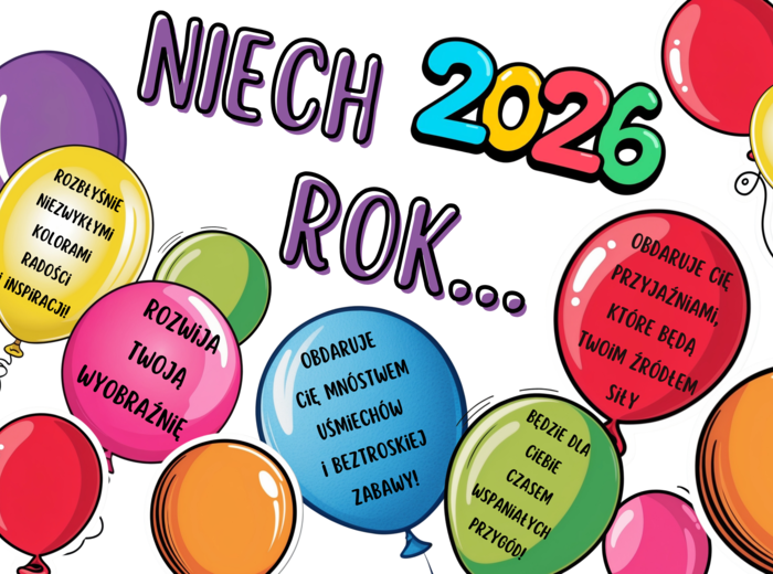 Gazetka noworoczna 2026 do szkoły i przedszkola. Kolorowa dekoracja z wieloma elementami do samodzielnej aranżacji. Idealna na tablicę szkolną i styczeń.
