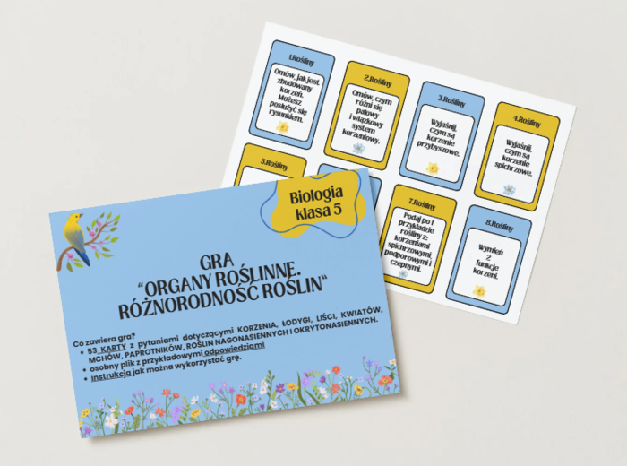 Biologia. Klasa 5. Gra edukacyjna. Organy roślinne. Różnorodność roślin. Korzeń. Łodyga. Liść. Nagonasienne. Okrytonasienne. Karta odpowiedzi. Rysunki.