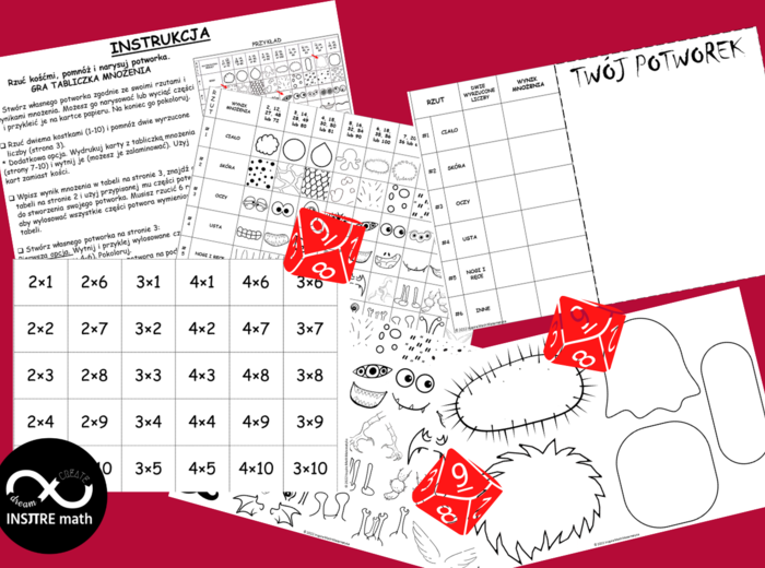 GRA TABLICZKA MNOŻENIA Światowy Dzień Tabliczki Mnożenia. Rzuć kośćmi, pomnóż i narysuj potworka. Matematyka na Halloween