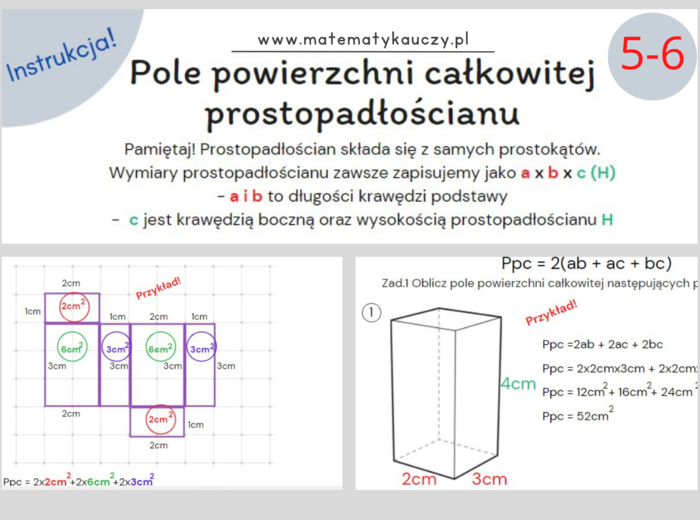 Pole powierzchni całkowitej prostopadłościanu Ppc / Karty pracy PDF kl. 5-6 + ROZWIĄZANIA KROK PO KROKU