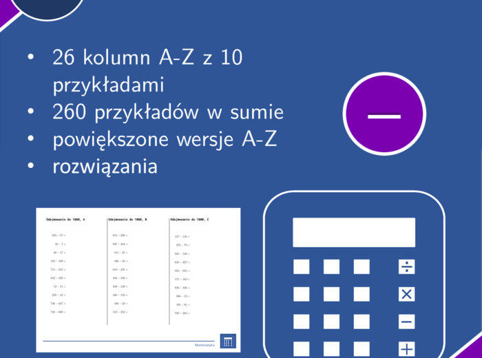 Odejmowanie do 1000 | matematyka | 26 kolumn