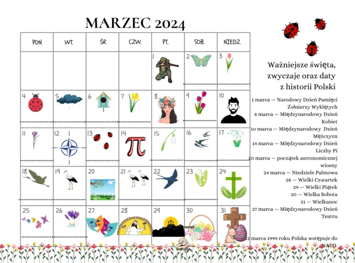 Kalendarz dla uczniów uczących się języka polskiego jako obcego na rok 2024 z ćwiczeniami