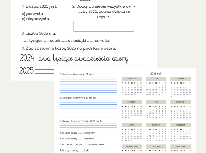 KALENDARZ NA 2025 ROK - ZADANIA MATEMATYCZNE