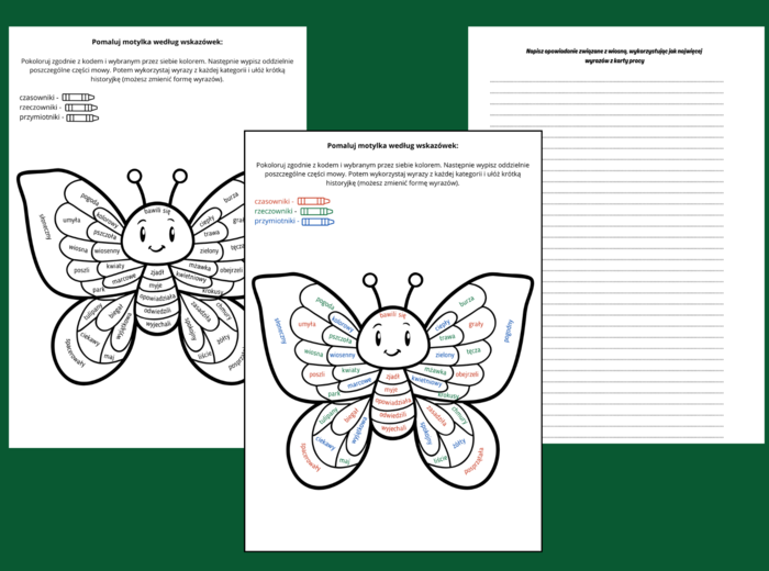 Gramatyczny motylek – CZĘŚCI MOWY – gramatyka – wiosna – karta pracy – czasownik – rzeczownik – przymiotnik - ćwiczenia redakcyjne – KOLOROWANKA + odpowiedzi