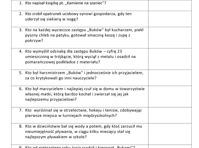 sprawdzian ze znajomości treści lektury pt. "Kamienie na szaniec"
