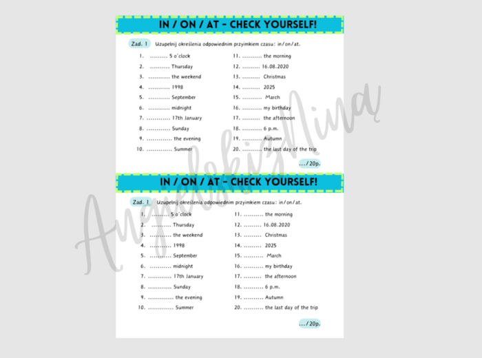 IN / ON / AT - prepositions of time - przyimki czasu - Check yourself! - kartkówka - powtórka - E8 - matura
