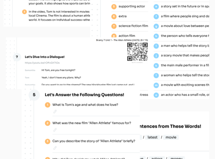 Brainy 7 - Unit 1 - karta pracy - The Alien Athlete (24/25) - film, cinema, going out