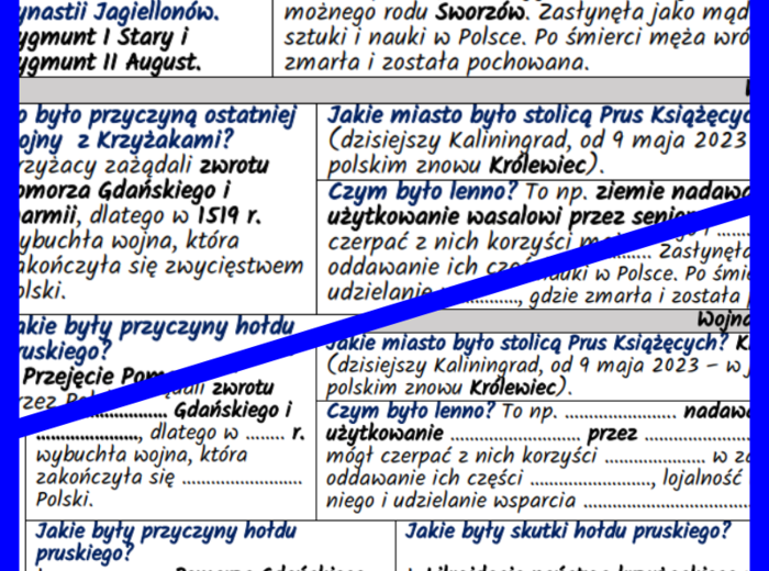 Wojny za czasów ostatnich Jagiellonów - notatki i karta pracy