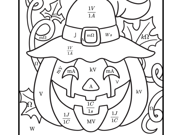Wielkości fizyczne i ich jednostki (wielkości opisujące prąd, ciśnienie, masę, prędkość, siła itd.)-kolorowanka Halloweenowa
