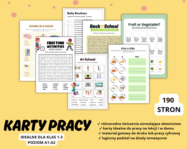 KARTY PRACY ANGIELSKI, POZIOM A1-A2, SZKOŁA PODSTAWOWA KLASY 1-3, SŁÓWKA